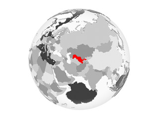 Uzbekistan on grey globe isolated
