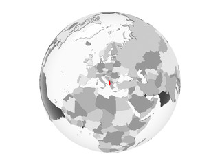 Albania on grey globe isolated