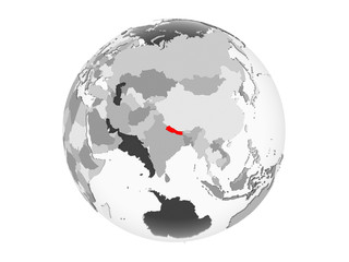 Nepal on grey globe isolated
