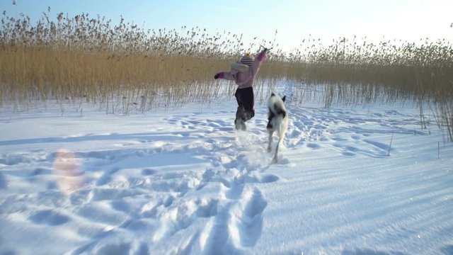 Winter fun snow vacation. A little girl playing with a dog on a frosty Sunny day. Slow Motion.