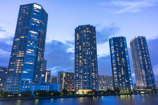 Night Scene Of High Rise Apartments At Tatsumi Koto Ward Tokyo