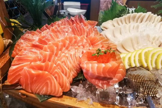Delicious Japanese fresh shashimi sushi buffet spread at restaurant