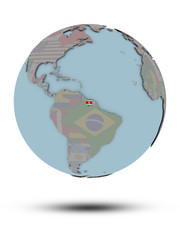 Suriname on political globe isolated