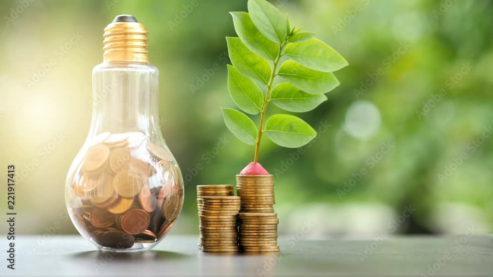 Wall mural energy saving. stacks of coins growing in light bulb and tree growing on stacks of coins and motion 