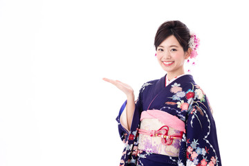 portrait of young asian woman wearing purple kimono on white background - obrazy, fototapety, plakaty