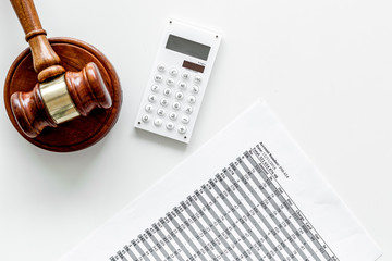 Declare bankruptcy concept. Judge gavel, financial documents, calculator on white background top...