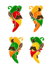 Cartoon colored chili peppers characters icons set