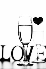 monochrome photo of champagne on white table on white background