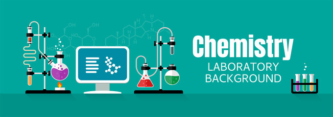 Fototapeta na wymiar Chemistry lab and science equipment. Chemical experiment. Computer and glass flasks with solution in research laboratory. Concepts for web banner and promotional material. Illustration in flat style