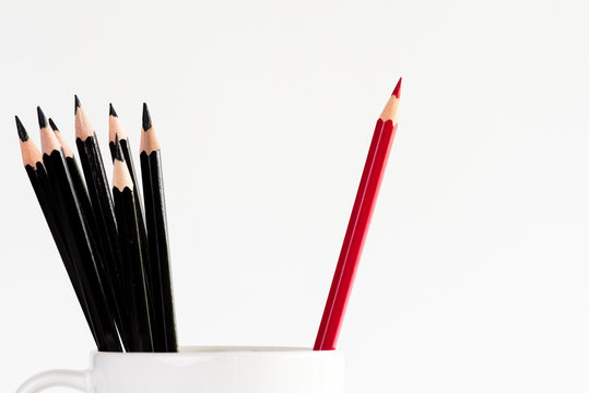Red pencil separated in blue cup with among black pencils still life. Back to school and Education concept.
