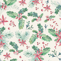 Materiał do szycia Watercolor holiday seamless pattern with mistletoe, red berries