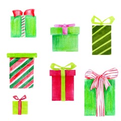 Raster set of different red and green gift boxes. Flat design.