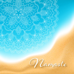 Flyer or brochure template with hand drawn mandala pattern on seashore background. Yoga classes banner