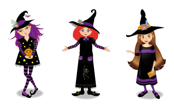 Halloween vector illustration of three young witch girls isolated on white background.