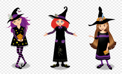 Halloween vector illustration of three young witch girls isolated on transparent background.