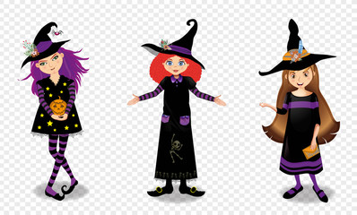 Halloween vector illustration of three young witch girls isolated on transparent background.