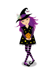 Halloween vector illustration of young witch girl with purple hair on white background.