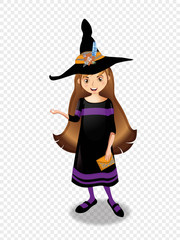Halloween vector illustration of young witch girl with brown hair on transparent background.