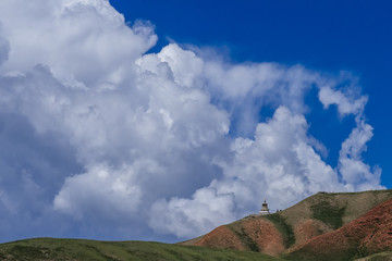 Tibetan pagoda on top of mountain in Qinghai, China