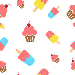ice cream, cup cake white background seamless pattern