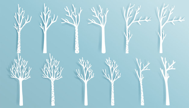 Christmas trees set in paper cut style  vector illustration.