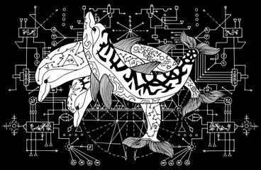 Fototapeta premium Three dolphins against white pattern with sacred geometry on black. Esoteric, occult and mysterious concept with sacred geometry elements, graphic vector illustration 
