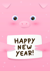 Greeting card with cute pig face - a symbol of the New Year 2019