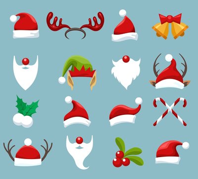 Christmas accessories. Santa and elf face wearing, reindeer and snowman clothes for winter funny photos, vector illustration