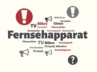 Das Wort - Fernsehapparat - abgebildet in einer Wortwolke mit zusammenhängenden Wörtern