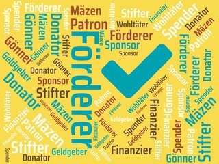 Das Wort - Förderer - abgebildet in einer Wortwolke mit zusammenhängenden Wörtern