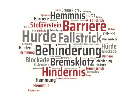 Das Wort - Behinderung - abgebildet in einer Wortwolke mit zusammenh&auml;ngenden W&ouml;rtern