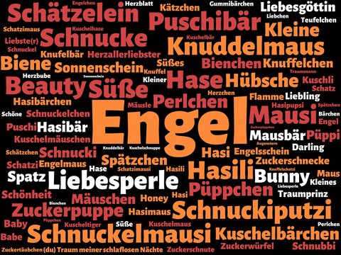 Das Wort - Engel - abgebildet in einer Wortwolke mit zusammenh&auml;ngenden W&ouml;rtern