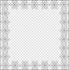 Halloween square black spiderweb frame with copy space on transparent background.