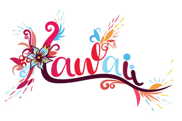 An illustration of the text Hawaii in a colorful floral style for t-shirt design on an isolated white background