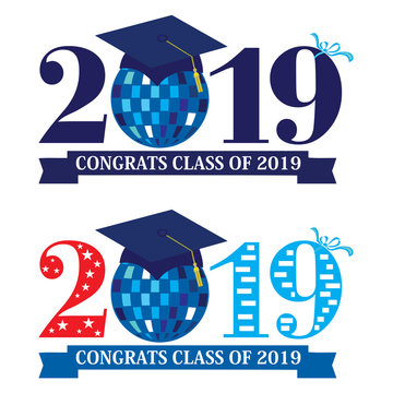 Two designs with Congrats Class of 2019 with a disco ball in blue and red color schemes on an isolated white background for graduating students