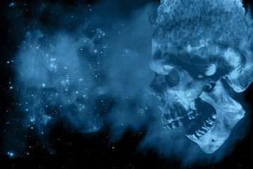 Abstract Powerful Fiery Demon Skull In Smoky Space Background