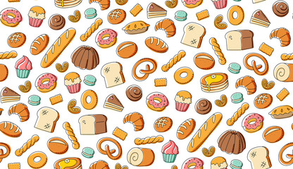 Seamless pattern background Bakery kids hand drawing set illustration colorful isolated on white background