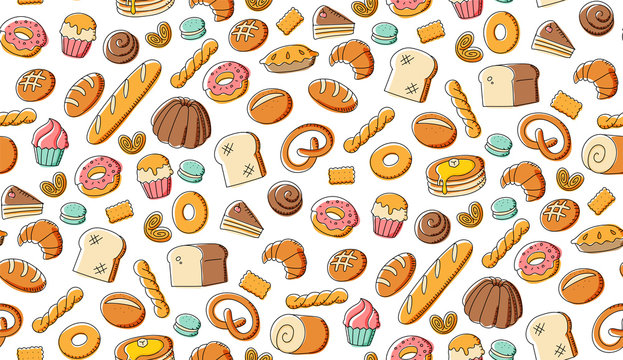 Seamless pattern background Bakery kids hand drawing set illustration colorful isolated on white background