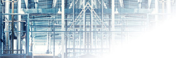 Faded blurred industrial  collage background with steel constructions, pipelines, supports, engineering lines. Industry, production site concept. Copy space for your design. Wide panoramic. Copy space
