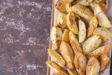 Fried potato with cumin. Copyspace