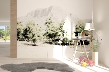 White empty room with decorated wall. Scandinavian interior design. 3D illustration