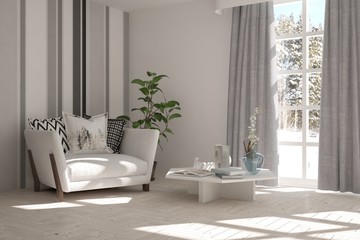 White room with armchair and winter landscape in window. Scandinavian interior design. 3D illustration