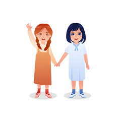 Fototapeta premium Two Cute Little Girl Holding Hand Illustration Cartoon Vector