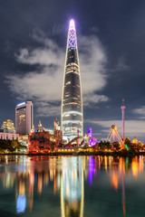 Scenic night view of skyscraper reflected in lake, Seoul