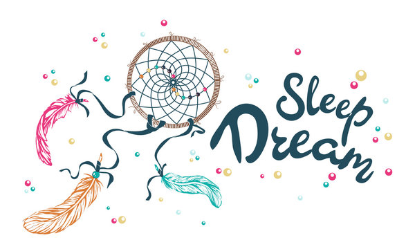 dreamcatcher with colorful vibrant feathers on background, card or poster ethnic art
