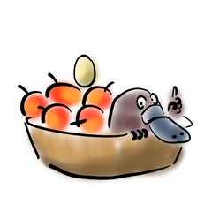 Platypus in a basket with apples