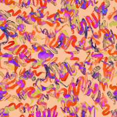 Obraz premium Curly red and purple lines abstract seamless pattern design, hand painted watercolor on coral background