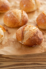 Freshly baked bread on dark gray kitchen table, copy space.