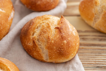 Freshly baked bread on dark gray kitchen table, copy space.