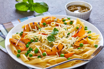 close-up of delicious grilled pumpkin and pasta